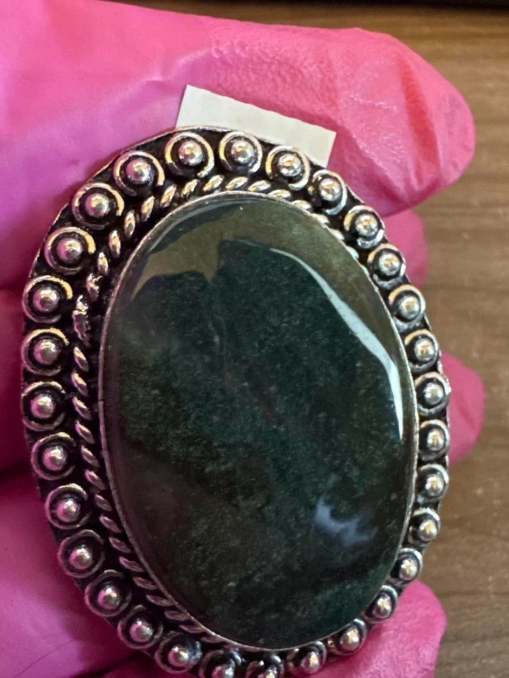 NWT-Green Moss Agate Oval Statement Ring with Silver-Tone Setting